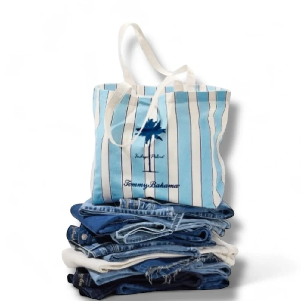 TOMMY BAHAMA “Indigo Palms” Limited Edition Tote - Blue/Natural Stripe